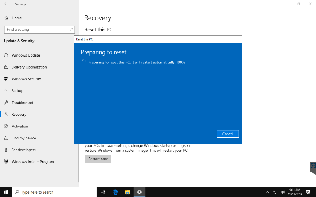 Resetting in progress