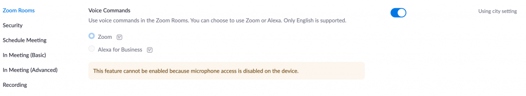 Zoom Room Settings for Voice Control