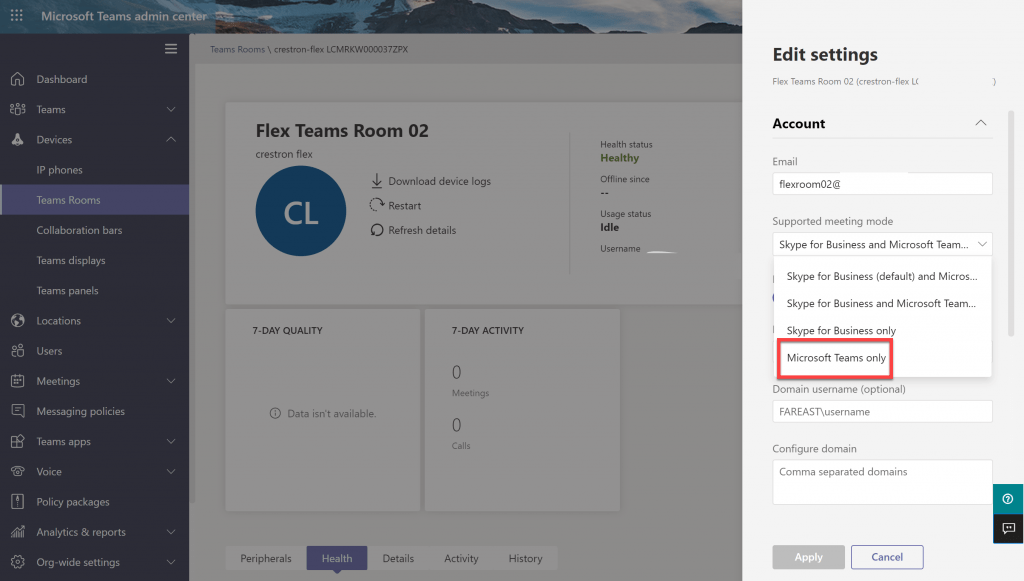 Teams Admin Center - Edit settings to Teams Only Mode